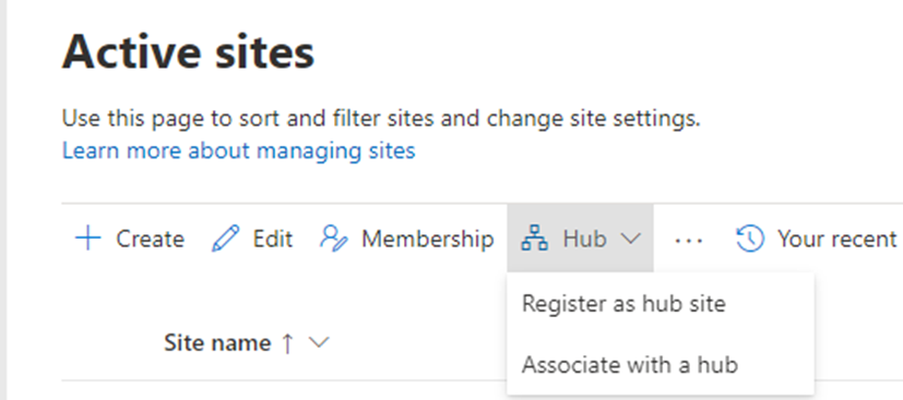 Add hub site screenshot