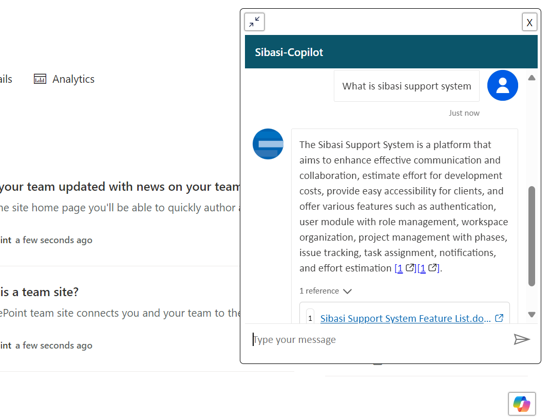 SharePoint with embedded Sbasi-Copilot chat