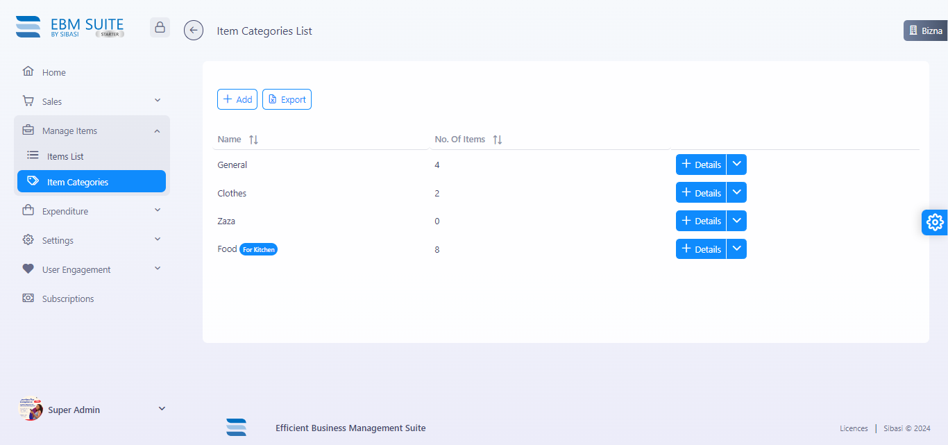 Item categories EBM Suite